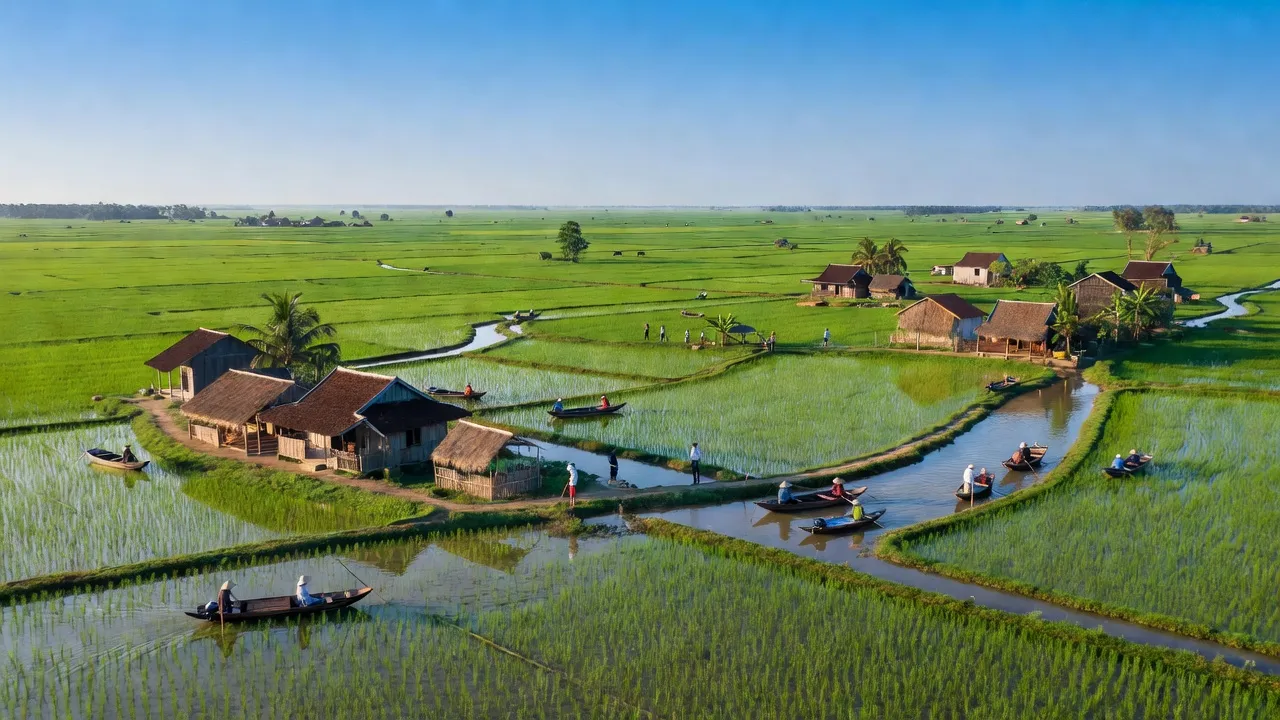 Khung cảnh huyện Thới Bình, Cà Mau với ruộng đồng và bầu trời xanh trong trẻo.
