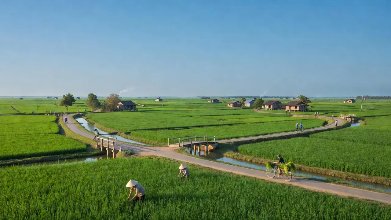 Vẻ đẹp huyện Thới Bình, Cà Mau với cánh đồng xanh và giao thông nông thôn hoàn chỉnh.