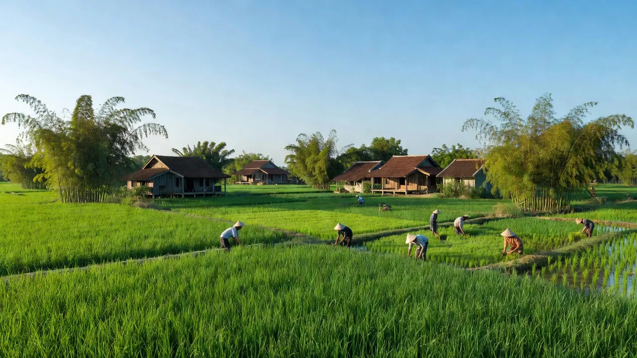 Khung cảnh yên bình của Xã Biển Bạch Đông, Cà Mau với cánh đồng xanh và nhà truyền thống.