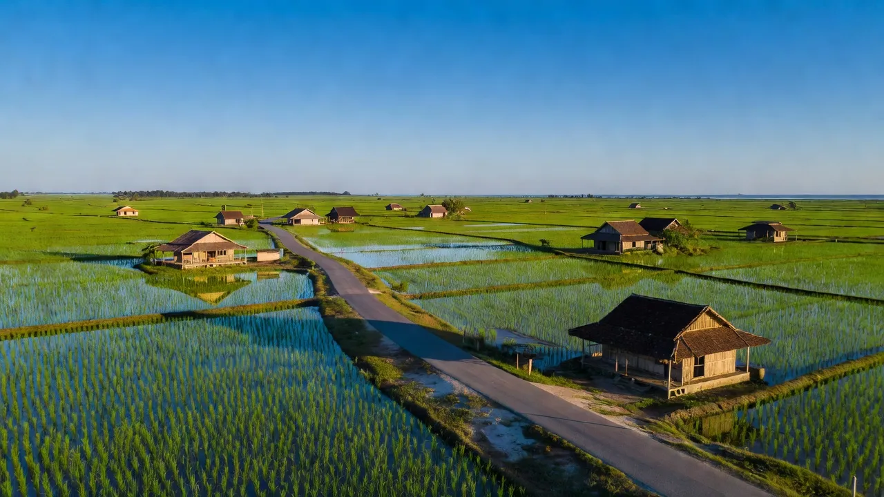 Khung cảnh Xã Biển Bạch, huyện Thới Bình, tỉnh Cà Mau với cánh đồng lúa và đường ven biển.