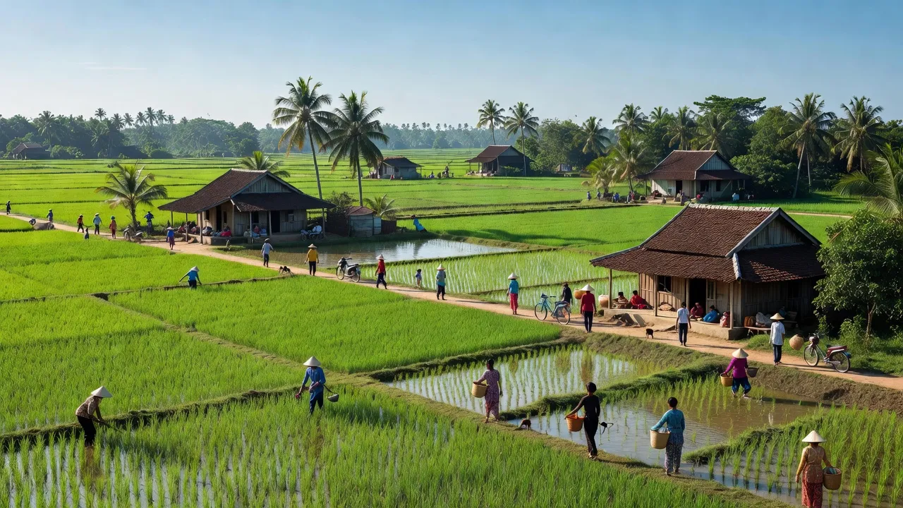 Cảnh sắc xã Hồ Thị Kỷ, huyện Thới Bình, Cà Mau với cánh đồng xanh tươi và nhà truyền thống.
