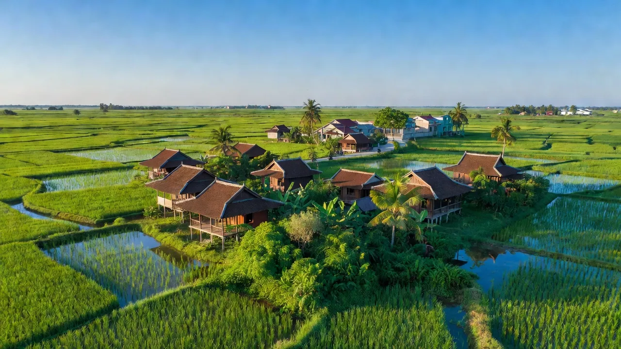 Toàn cảnh xã Hồ Thị Kỷ, huyện Thới Bình, Cà Mau với ruộng lúa và nhà truyền thống.