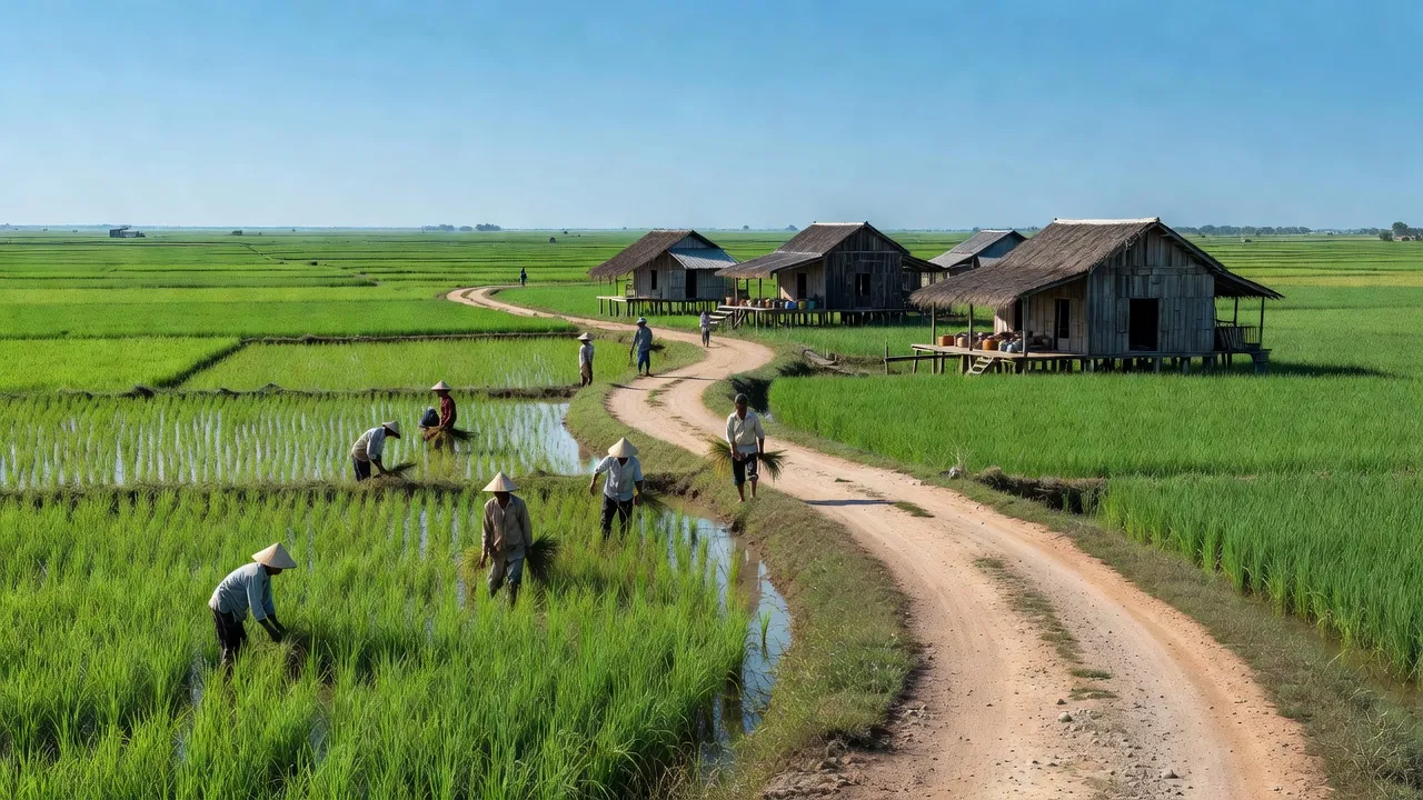 Cảnh nông thôn Tân Lộc Bắc, huyện Thới Bình, Cà Mau với cánh đồng xanh tươi và nhà truyền thống.