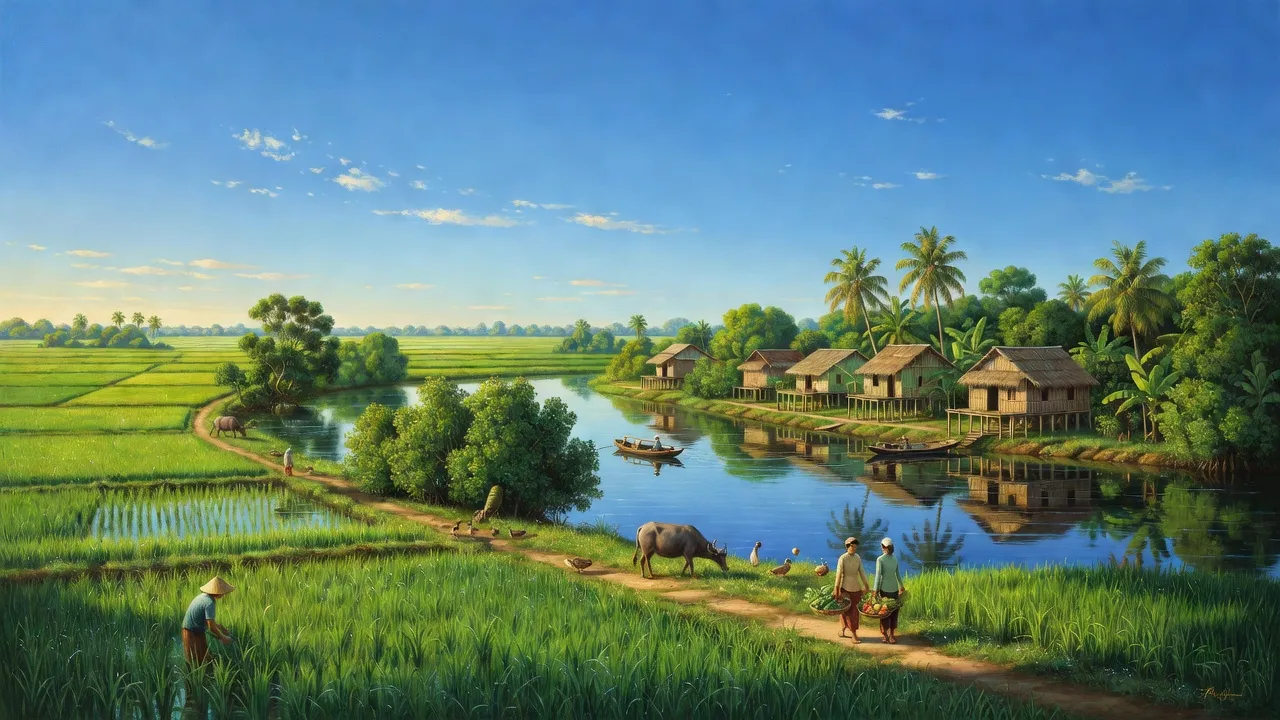 Cảnh quan nông thôn xã Tân Lộc Đông, huyện Thới Bình, tỉnh Cà Mau với cánh đồng xanh và dòng sông.