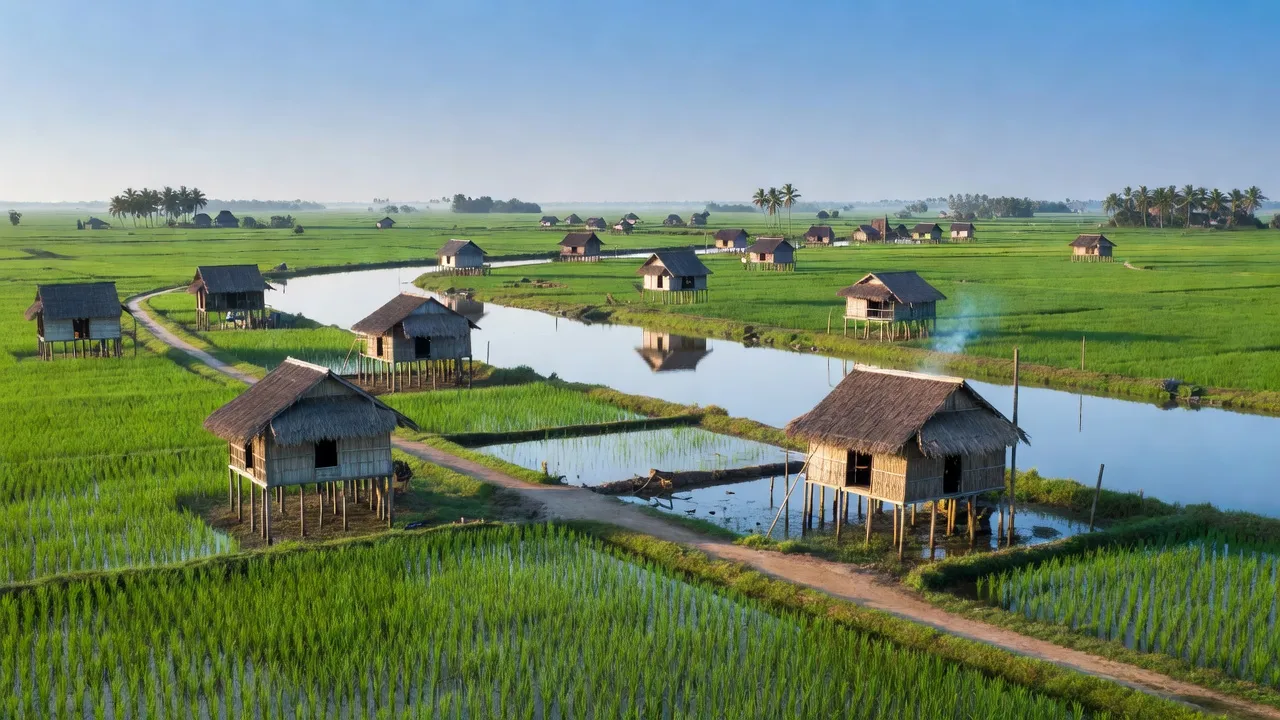 Khung cảnh xã Tân Lộc, huyện Thới Bình, Cà Mau với cánh đồng xanh tươi và nhà truyền thống.