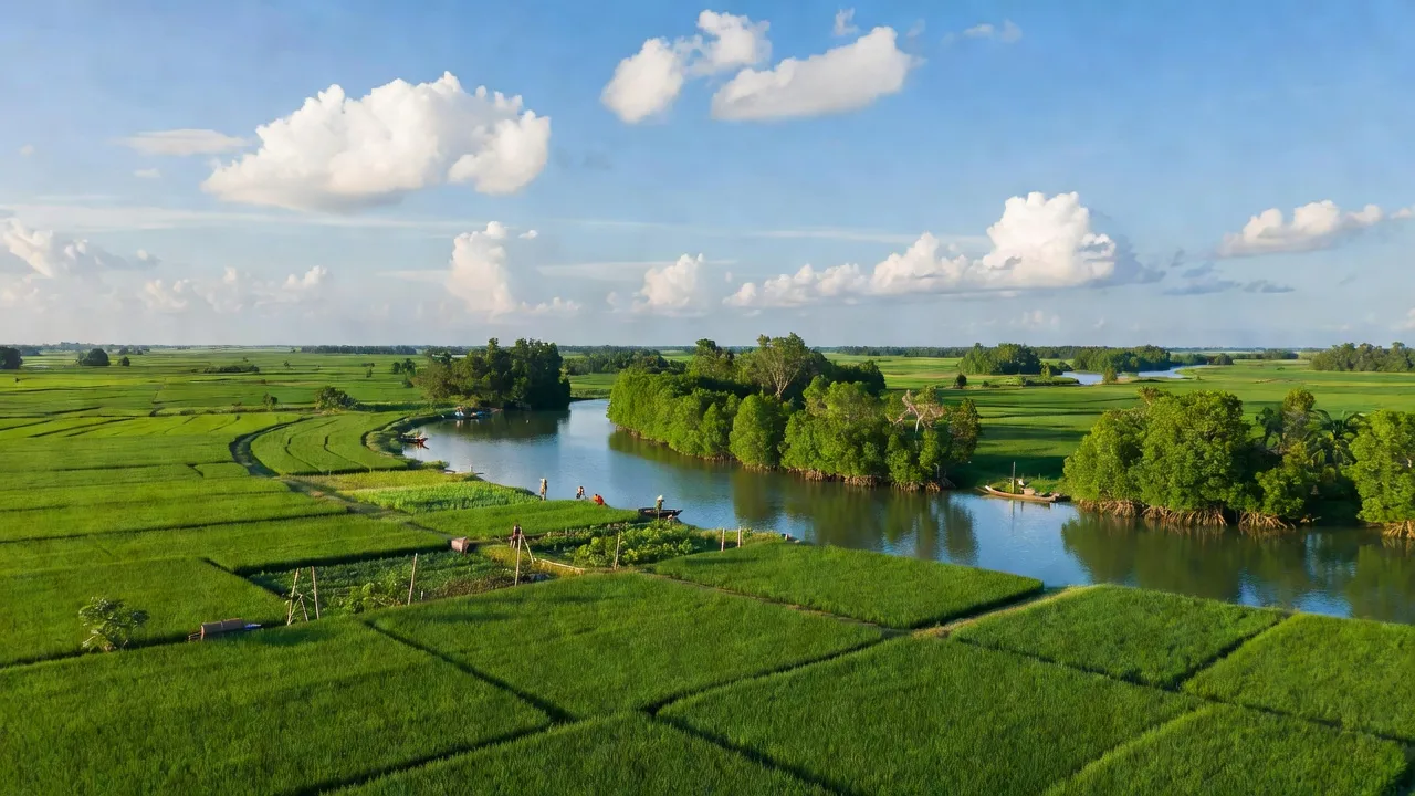 Khung cảnh thiên nhiên xã Tân Phú, huyện Thới Bình, tỉnh Cà Mau với ruộng xanh và rừng ngập mặn.