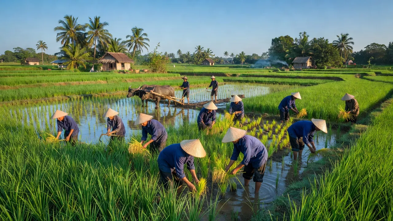 Cảnh sắc nông thôn Xã Trí Lực Huyện Thới Bình với đồng xanh và hoạt động nông nghiệp.