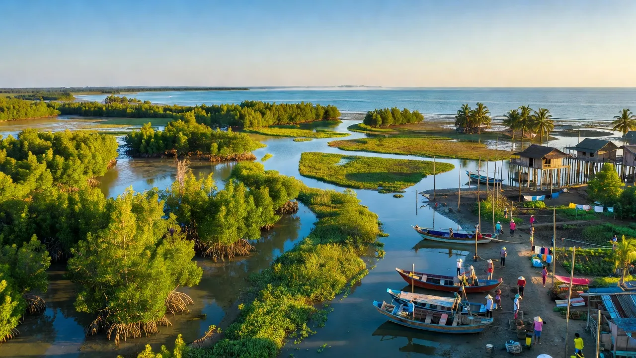 Khung cảnh huyện Trần Văn Thời, Cà Mau với rừng ngập mặn và bờ biển tuyệt đẹp.