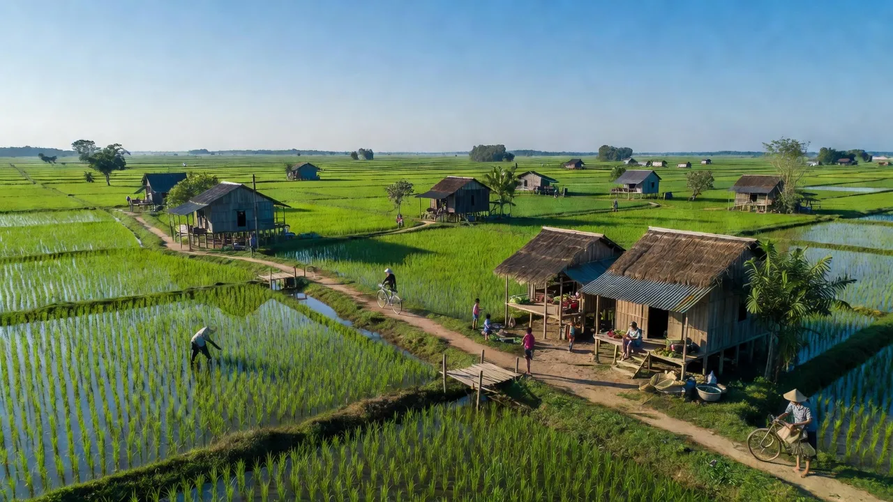 Cảnh quan nông thôn Khánh Bình Đông, Trần Văn Thời, Cà Mau với ruộng lúa xanh và nhà dân.
