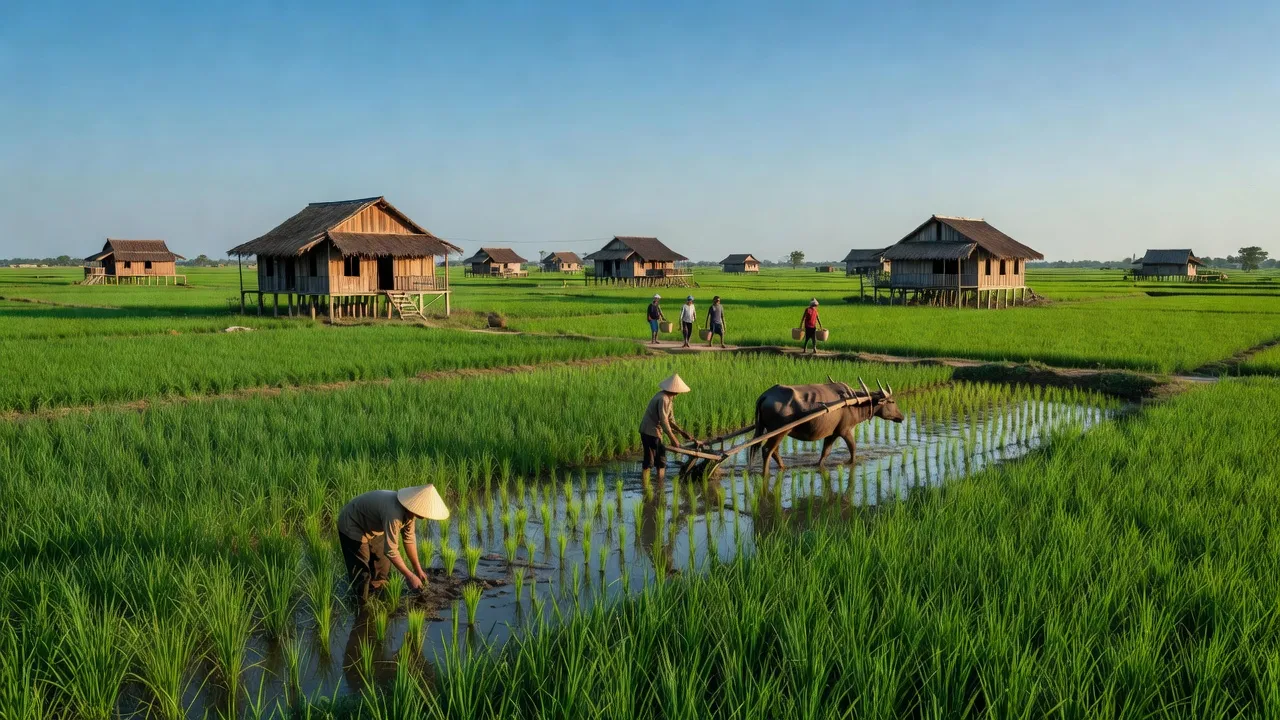 Khánh Bình Đông, Cà Mau landscape showing rice fields, traditional houses, and local farmers at work.