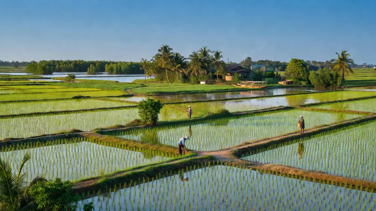 Khánh Bình Tây Bắc, huyện Trần Văn Thời, Cà Mau with rice fields and traditional rural scenery.