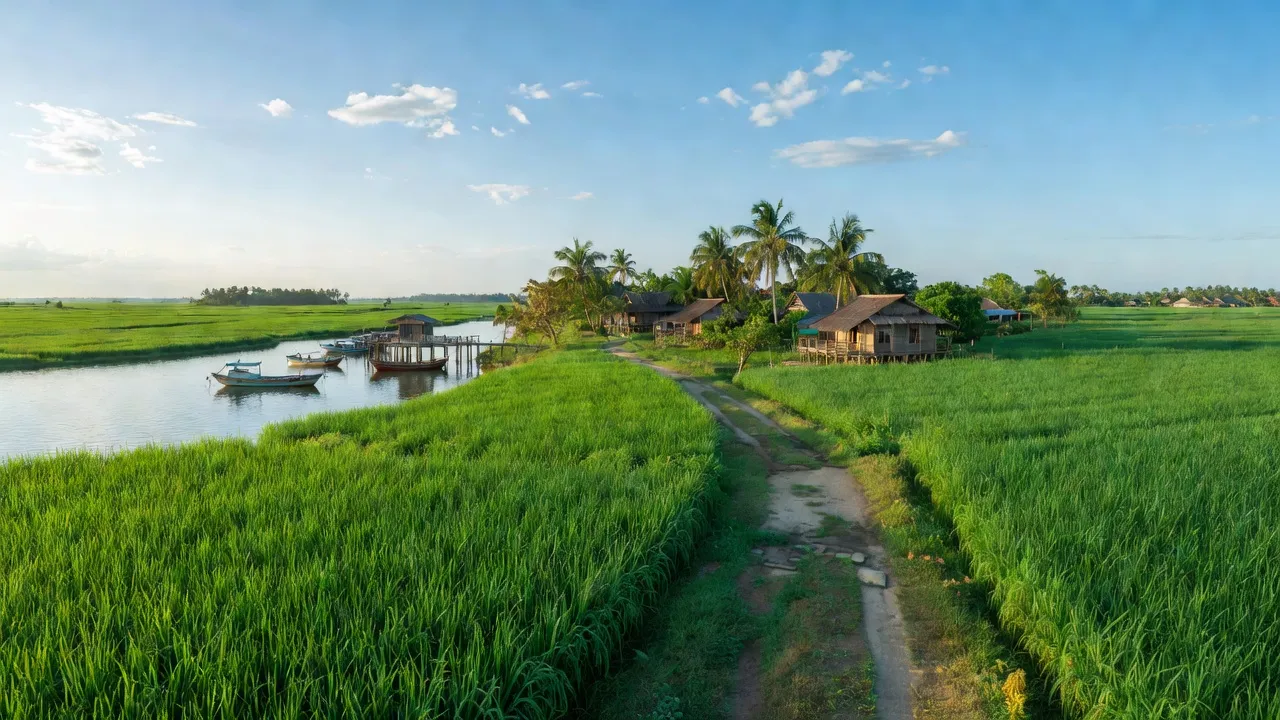 Cảnh đẹp xã Khánh Bình Tây, huyện Trần Văn Thời, Cà Mau với cánh đồng xanh tươi và bến tàu.