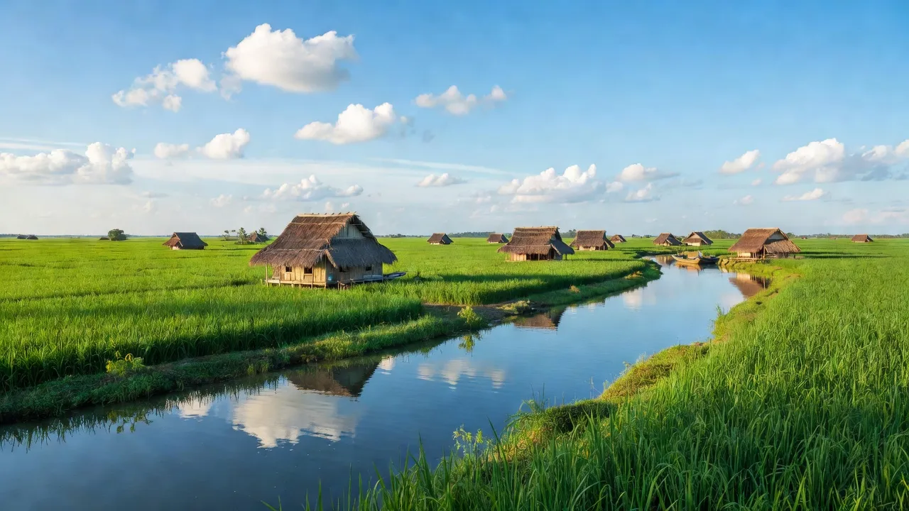 Khánh Bình Tây, huyện Trần Văn Thời, Cà Mau với đồng xanh, nhà mái lá bên sông.