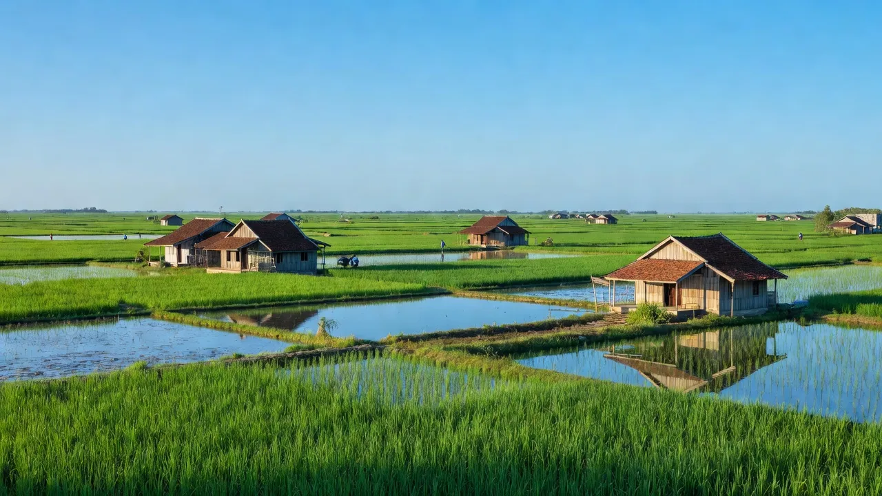 Khánh Hải, Trần Văn Thời, Cà Mau with rice fields and shrimp ponds, reflecting local agriculture.