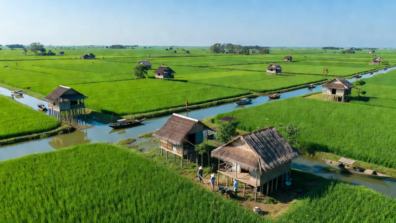 Khánh Hưng, Trần Văn Thời, Cà Mau showing green fields, waterways, and rural architecture under a sunny sky.