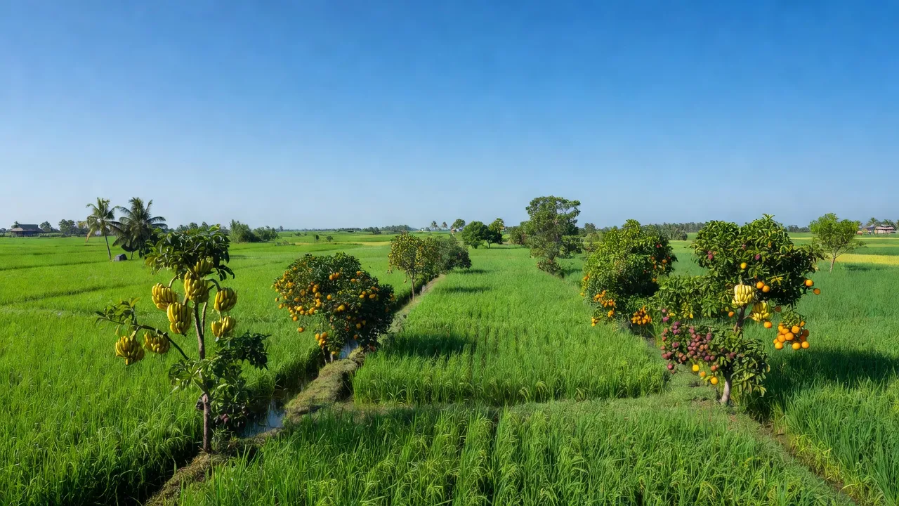 Cảnh nông nghiệp tại xã Khánh Lộc, Cà Mau, với cánh đồng xanh và bầu trời trong trẻo.