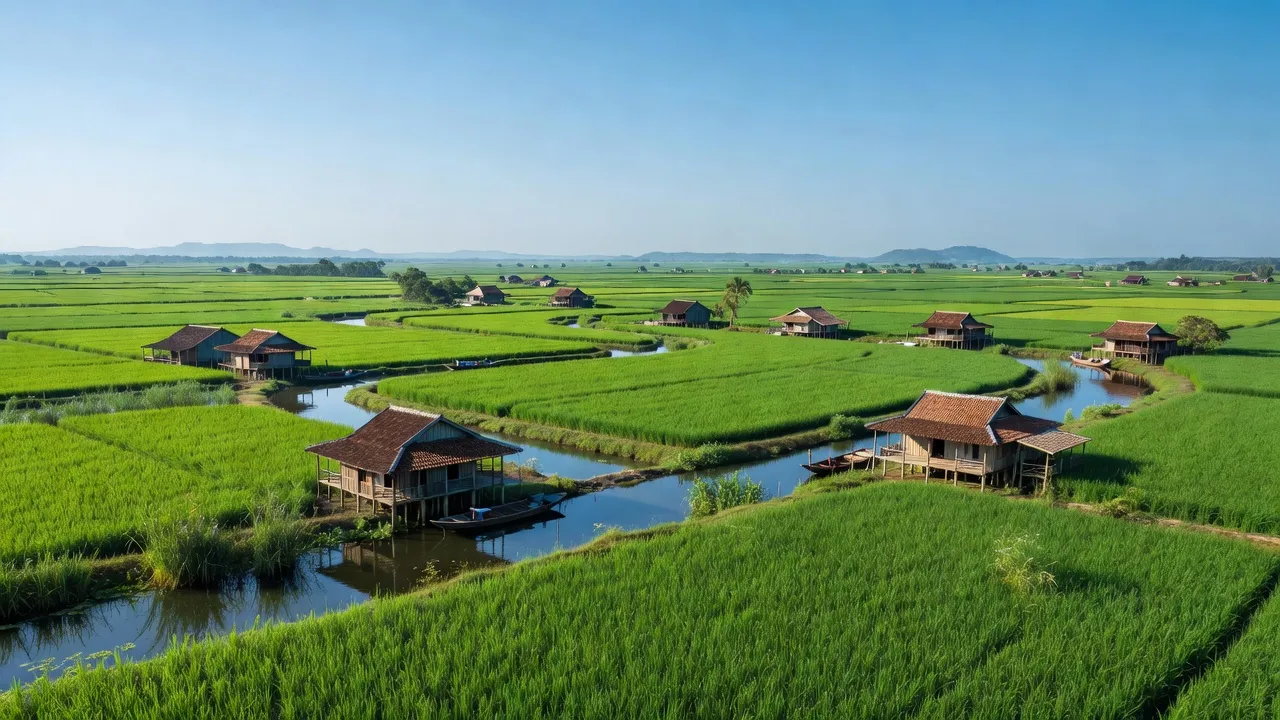 Cảnh quan xanh tươi của xã Lợi An, huyện Trần Văn Thời, tỉnh Cà Mau với ruộng lúa và nhà truyền thống.