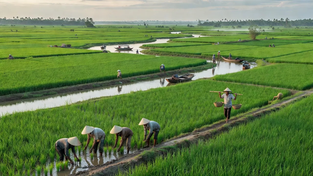 Khung cảnh hữu tình của xã Lợi An, huyện Trần Văn Thời, Cà Mau với cánh đồng xanh tươi.