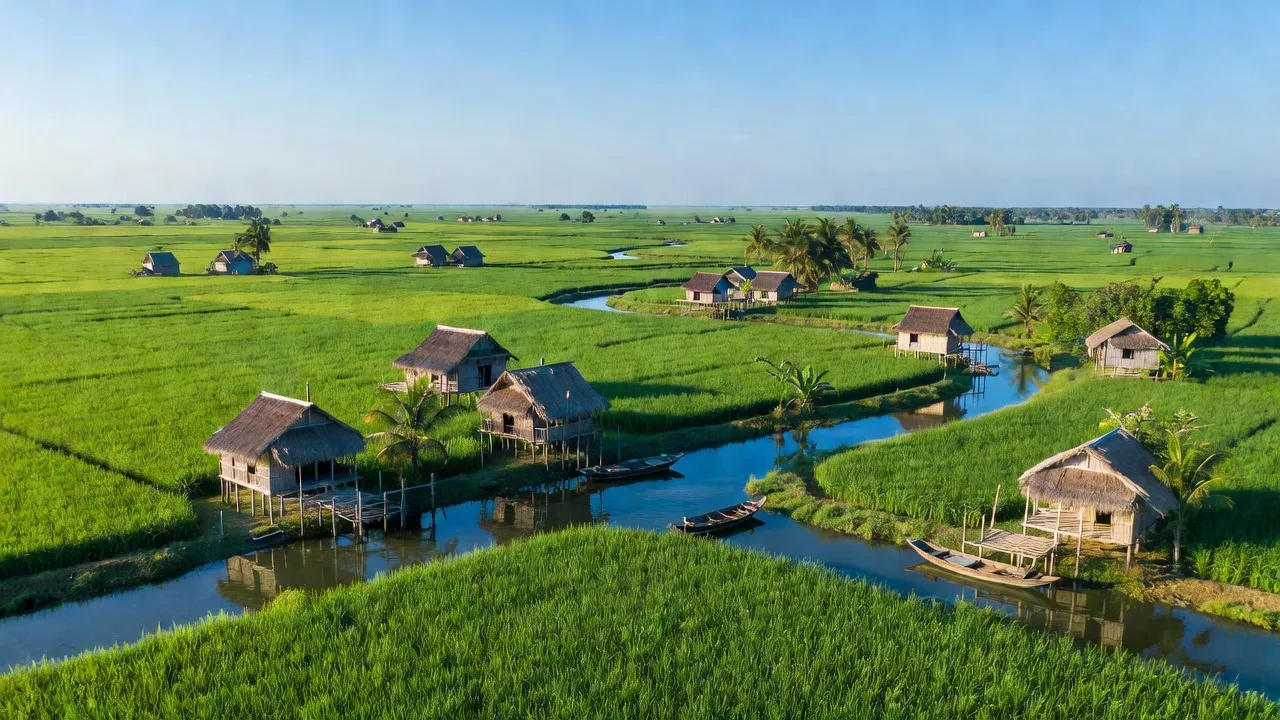 Cảnh đẹp xã Phong Điền, huyện Trần Văn Thời, tỉnh Cà Mau có cánh đồng xanh và nhà truyền thống.