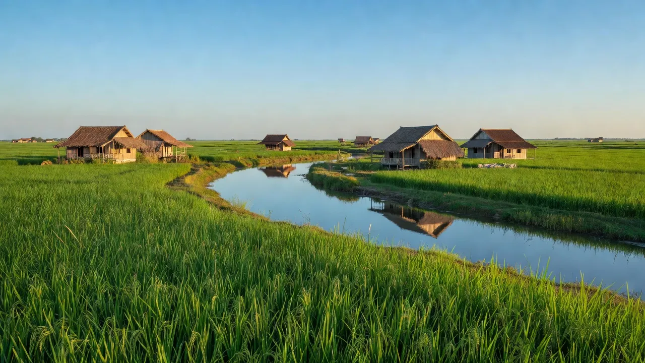 Phong Điền, Trần Văn Thời, Cà Mau with vibrant rice fields and traditional houses against a clear sky.