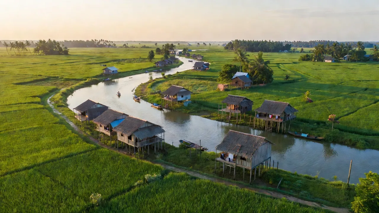 Phong Lạc, Trần Văn Thời, Cà Mau với cánh đồng xanh và sông Ông Đốc uốn lượn.