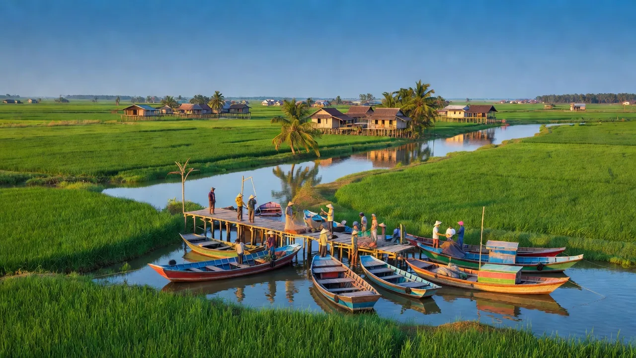 Cảnh quan thị trấn Sông Đốc, huyện Trần Văn Thời, Cà Mau với bến tàu và thuyền đánh cá.