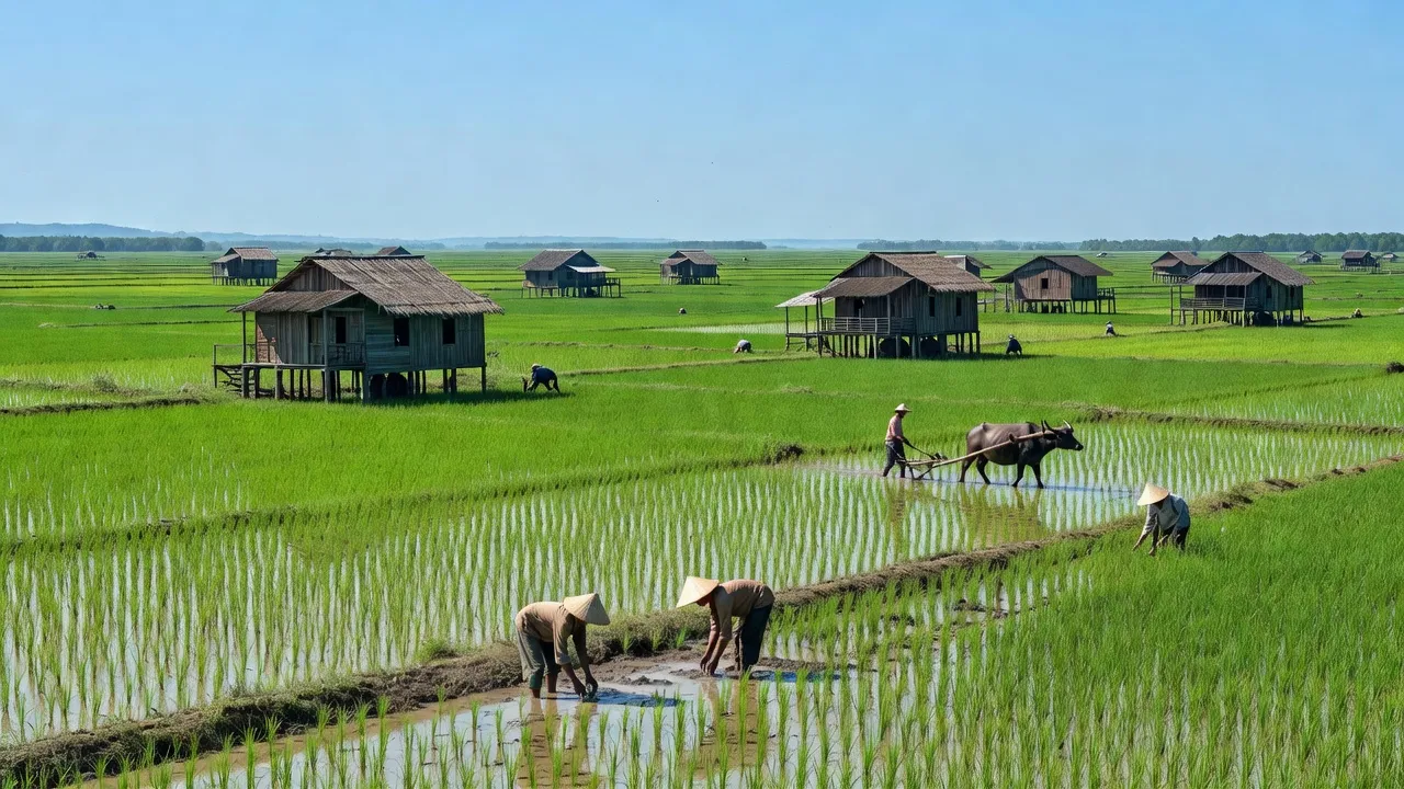 Khung cảnh nông thôn Xã Trần Hợi, huyện Trần Văn Thời, tỉnh Cà Mau với cánh đồng xanh tươi.