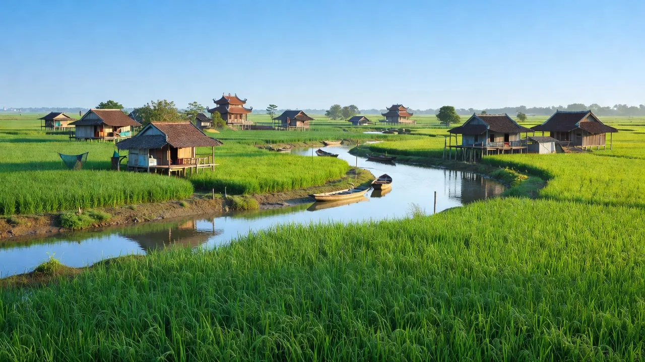 Khung cảnh Xã Trần Hợi, huyện Trần Văn Thời, tỉnh Cà Mau với cánh đồng lúa xanh tươi.