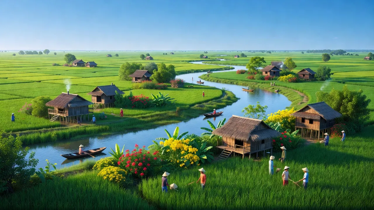 Cảnh đẹp Xã Khánh An, huyện U Minh, Cà Mau với sông, ruộng và nhà truyền thống.