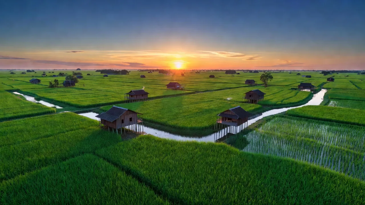Khánh Hòa, U Minh, Cà Mau with green rice fields and traditional houses in the sunset.