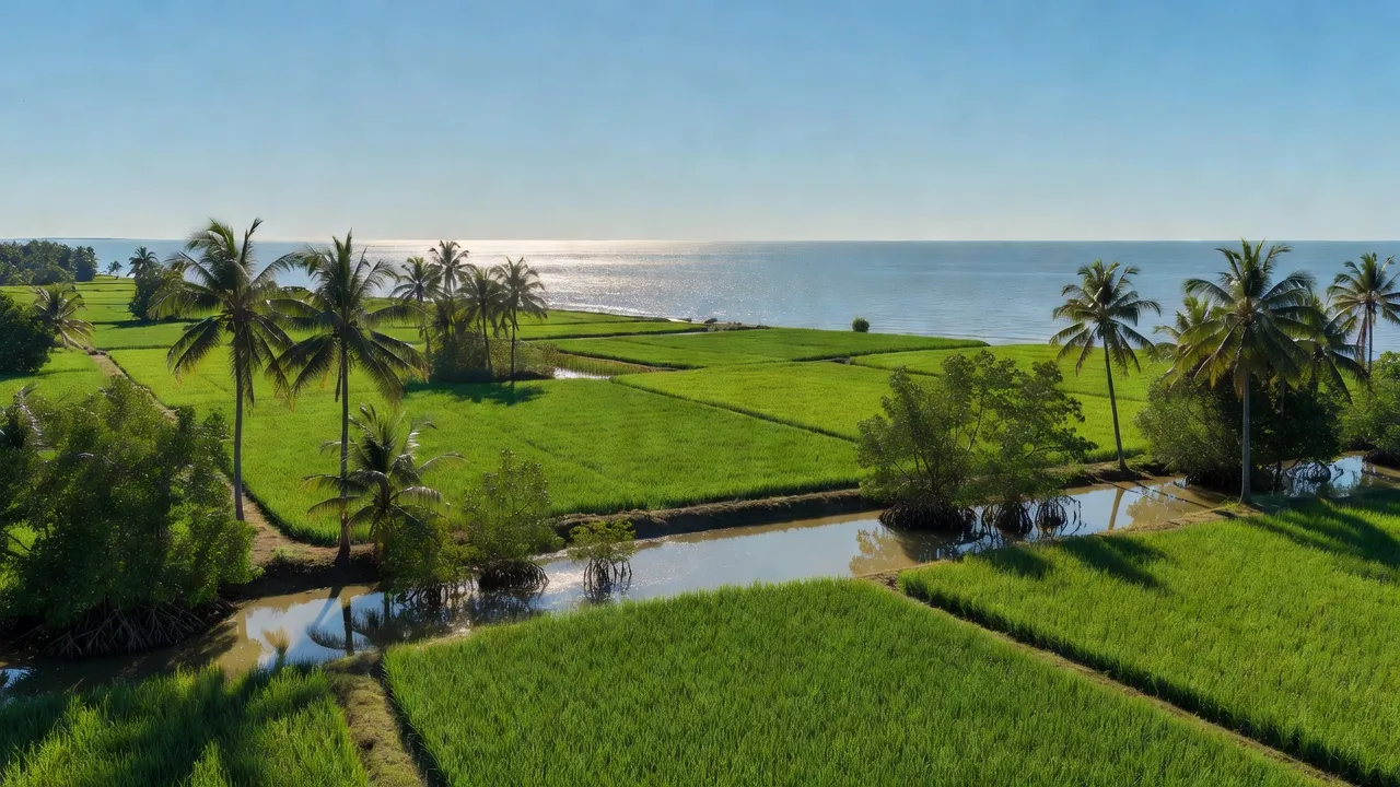 Phong cảnh đẹp ở xã Khánh Hòa, huyện U Minh, tỉnh Cà Mau với biển, ruộng xanh và trời trong.