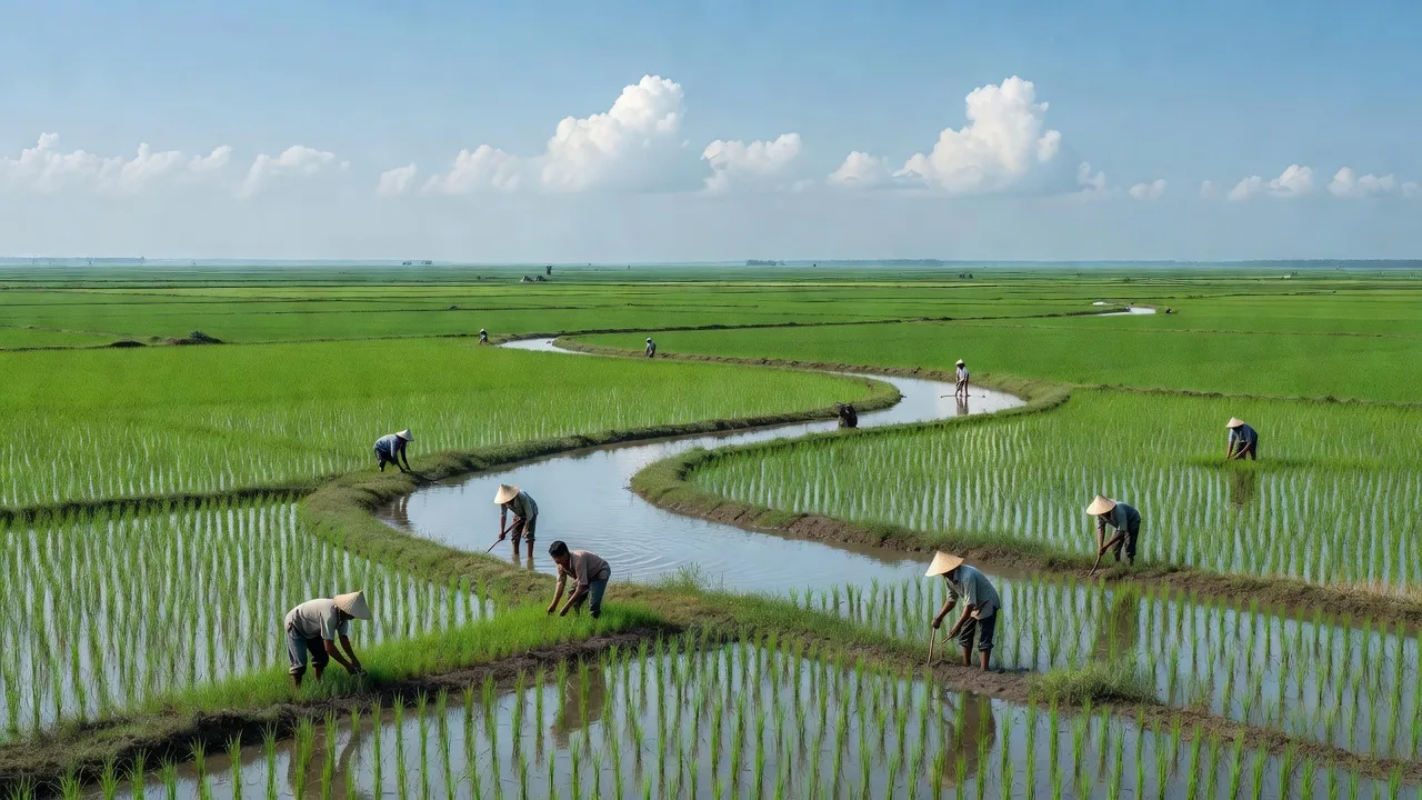 Khánh Lâm, U Minh, Cà Mau, rice fields, rural landscape, local farmers, clear skies.