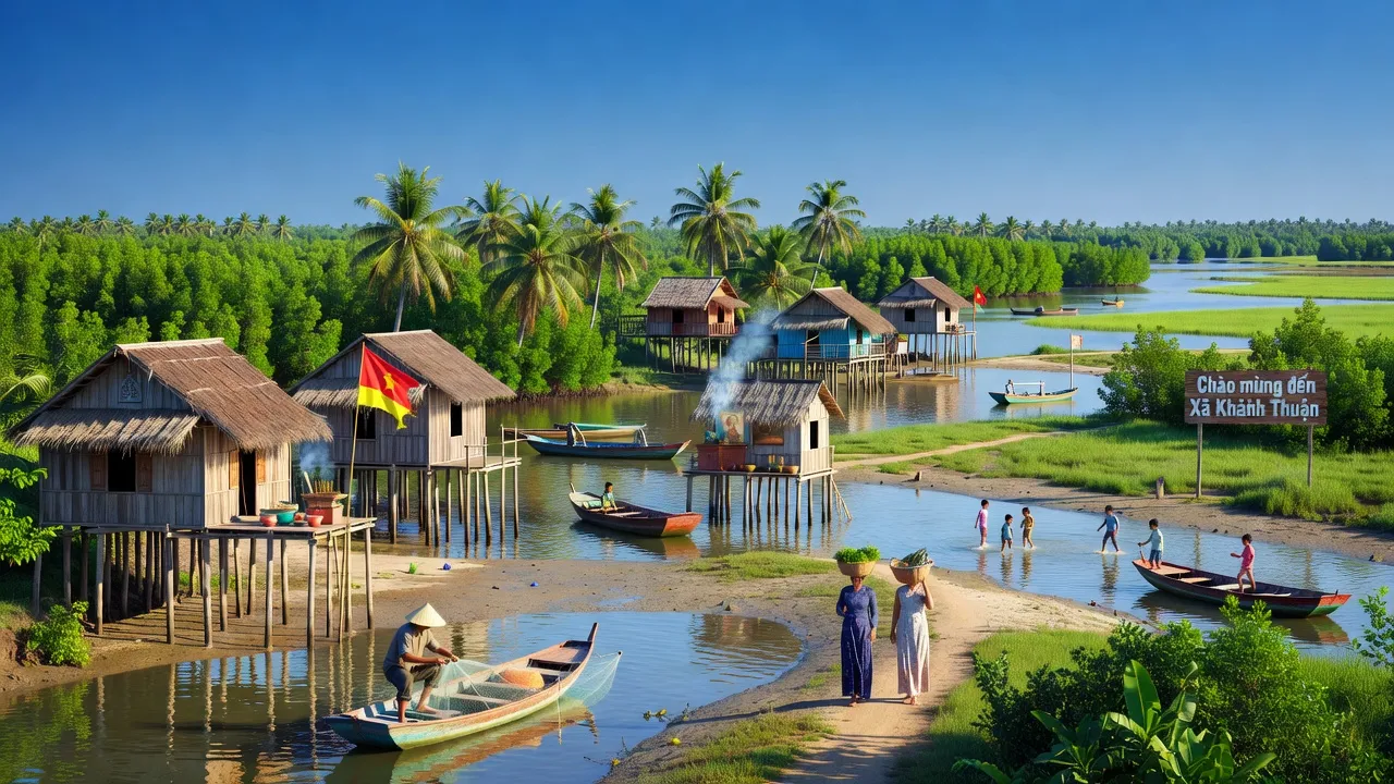 Khánh Thuận, U Minh, Cà Mau landscape with greenery and traditional houses, capturing local life.