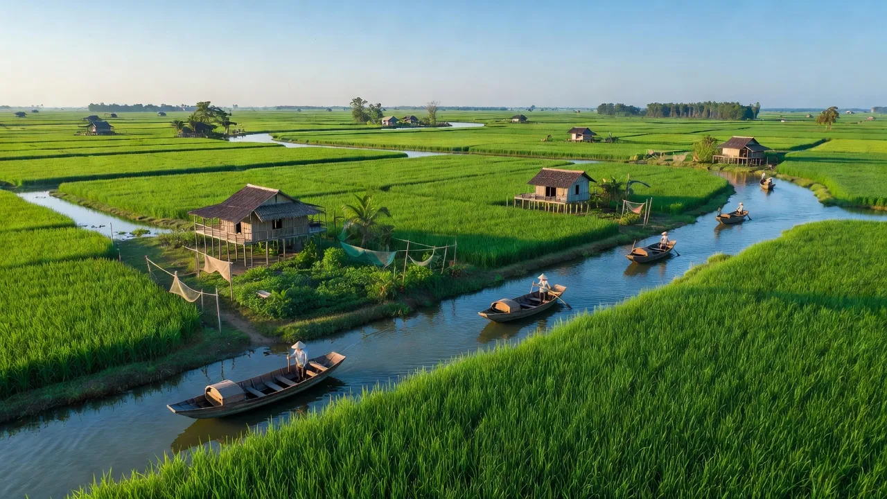 Khánh Thuận, U Minh, Cà Mau with green rice fields, rivers and natural beauty.
