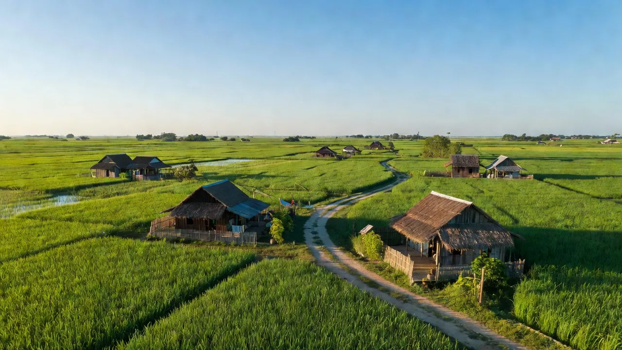 Khung cảnh thanh bình xã Nguyễn Phích, huyện U Minh, tỉnh Cà Mau với cánh đồng xanh và nhà truyền thống.
