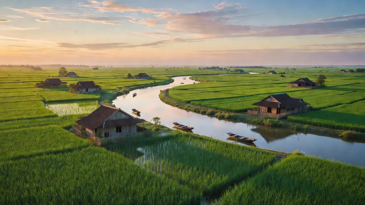 Khung cảnh huyện Cờ Đỏ, Cần Thơ với cánh đồng xanh và nhà nông thôn đặc trưng.