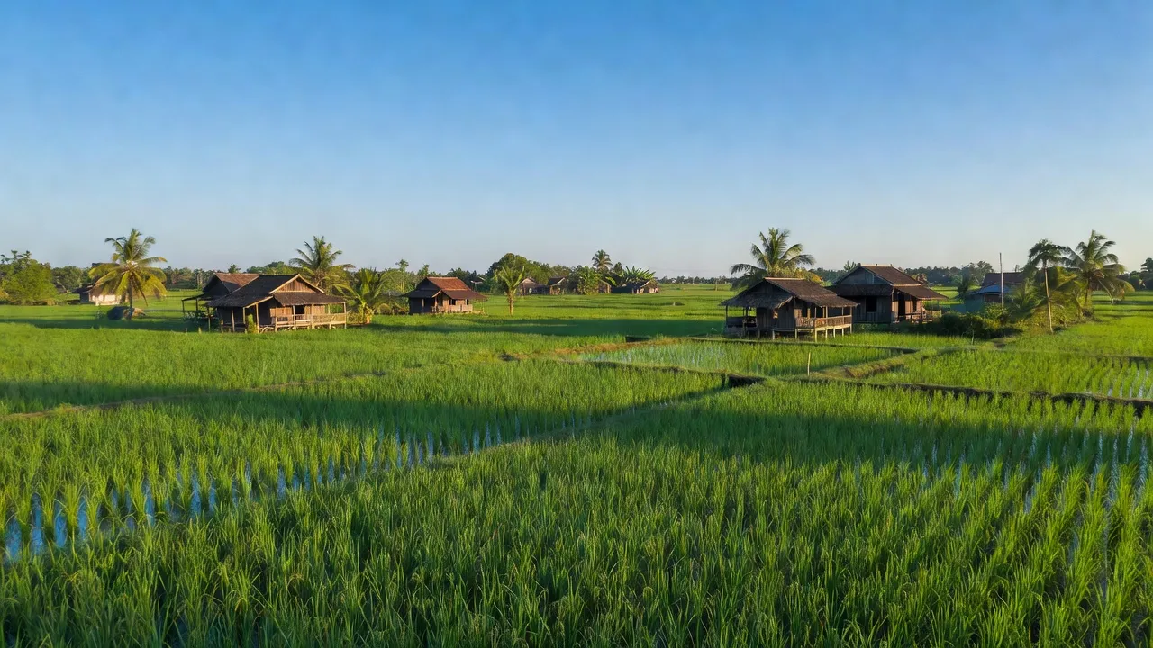 Cảnh đẹp xã Đông Thắng huyện Cờ Đỏ Cần Thơ với đồng lúa xanh tươi và nhà truyền thống.