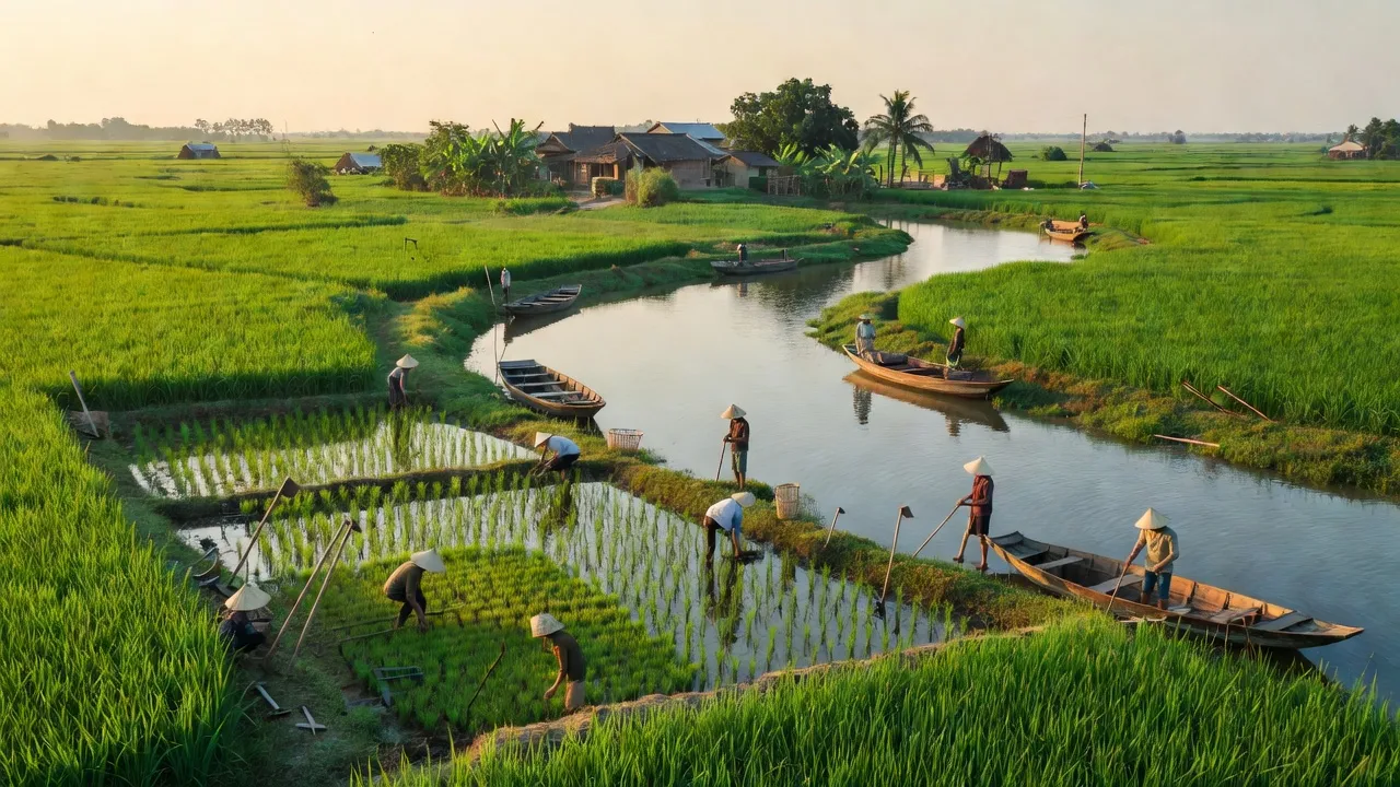 Khung cảnh làng Đông Thắng huyện Cờ Đỏ, Cần Thơ với cánh đồng xanh và dòng sông thanh bình.