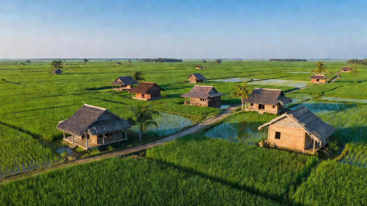 Cảnh đẹp Xã Thới Đông, Huyện Cờ Đỏ với đồng lúa xanh tươi và nhà truyền thống.