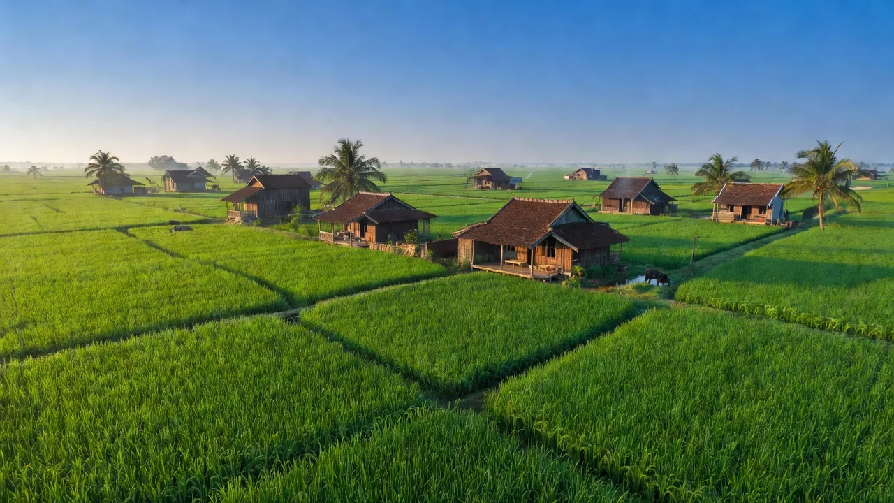 Cảnh đồng quê Thới Hưng, huyện Cờ Đỏ, Cần Thơ với ruộng lúa xanh và nhà truyền thống.