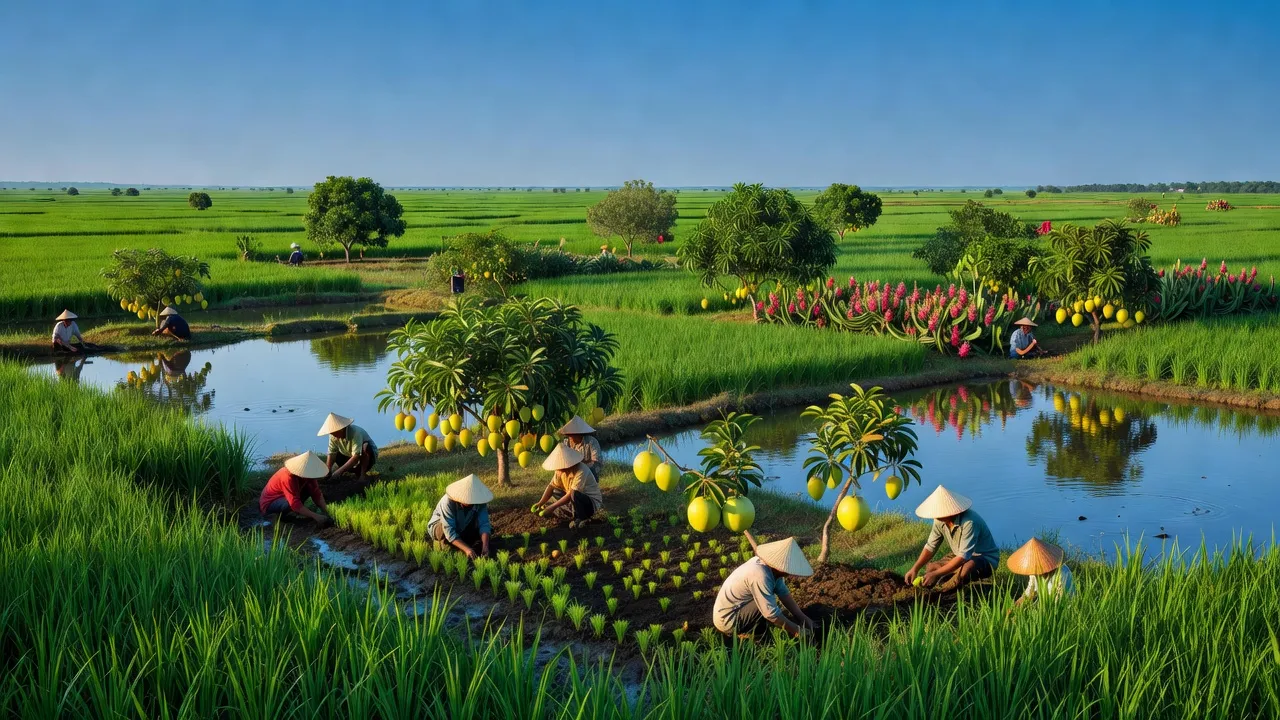 Cảnh quan nông nghiệp xã Thới Xuân, huyện Cờ Đỏ, thành phố Cần Thơ với ruộng lúa và vườn cây ăn trái.
