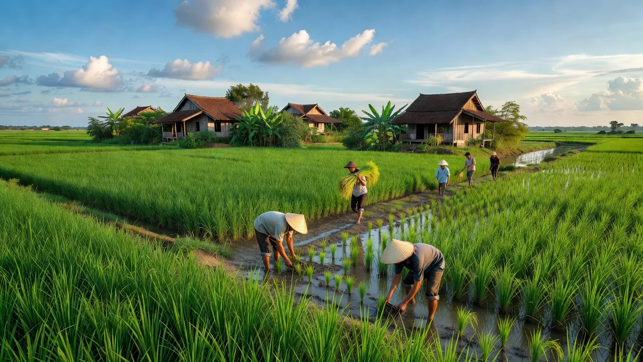 Cảnh nông thôn xã Trung Hưng, huyện Cờ Đỏ, Cần Thơ với đồng ruộng xanh mát và nhà truyền thống.