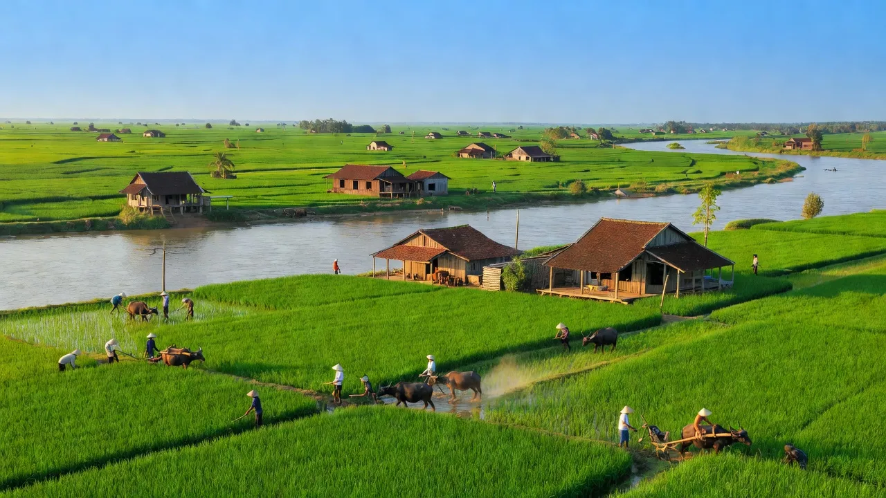 Phong Điền district in Cần Thơ featuring green fields and local farmers, representing agricultural richness.