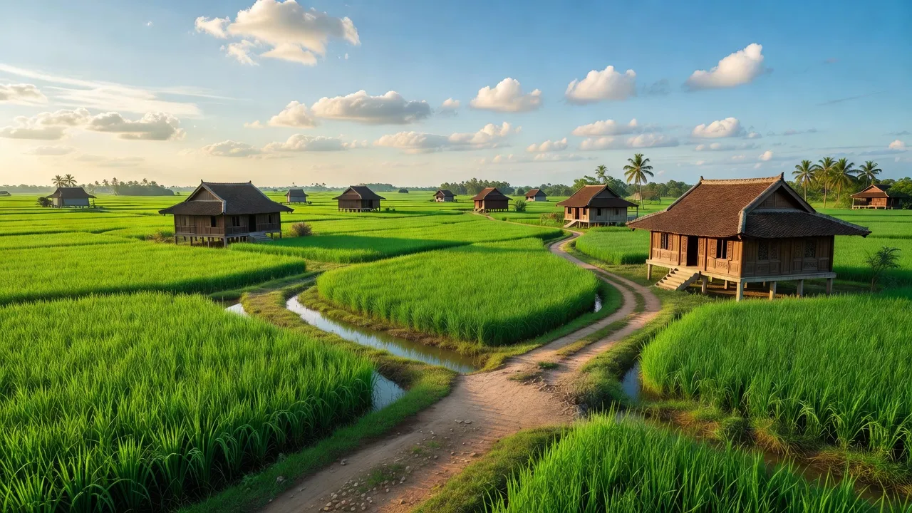 Cảnh quan nông thôn xã Giai Xuân, huyện Phong Điền, Cần Thơ với cánh đồng xanh tươi.
