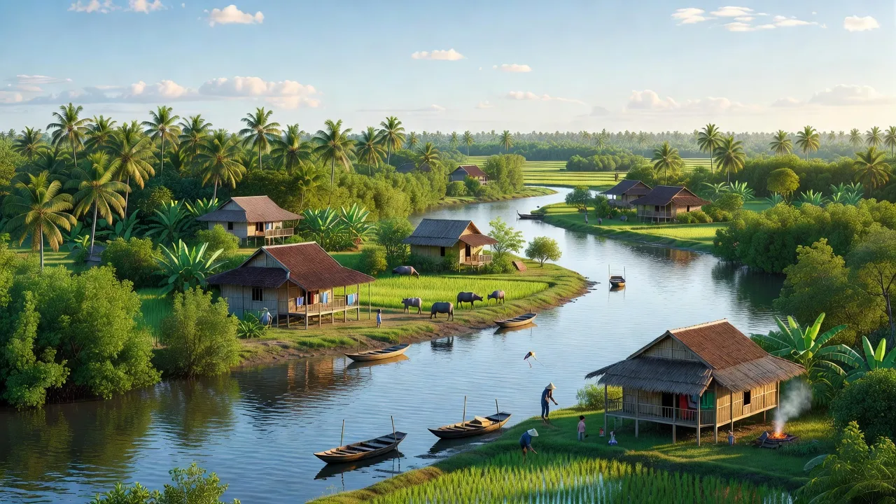 Khung cảnh nông thôn tại xã Mỹ Khánh, huyện Phong Điền, thành phố Cần Thơ, với sông và nhà truyền thống.