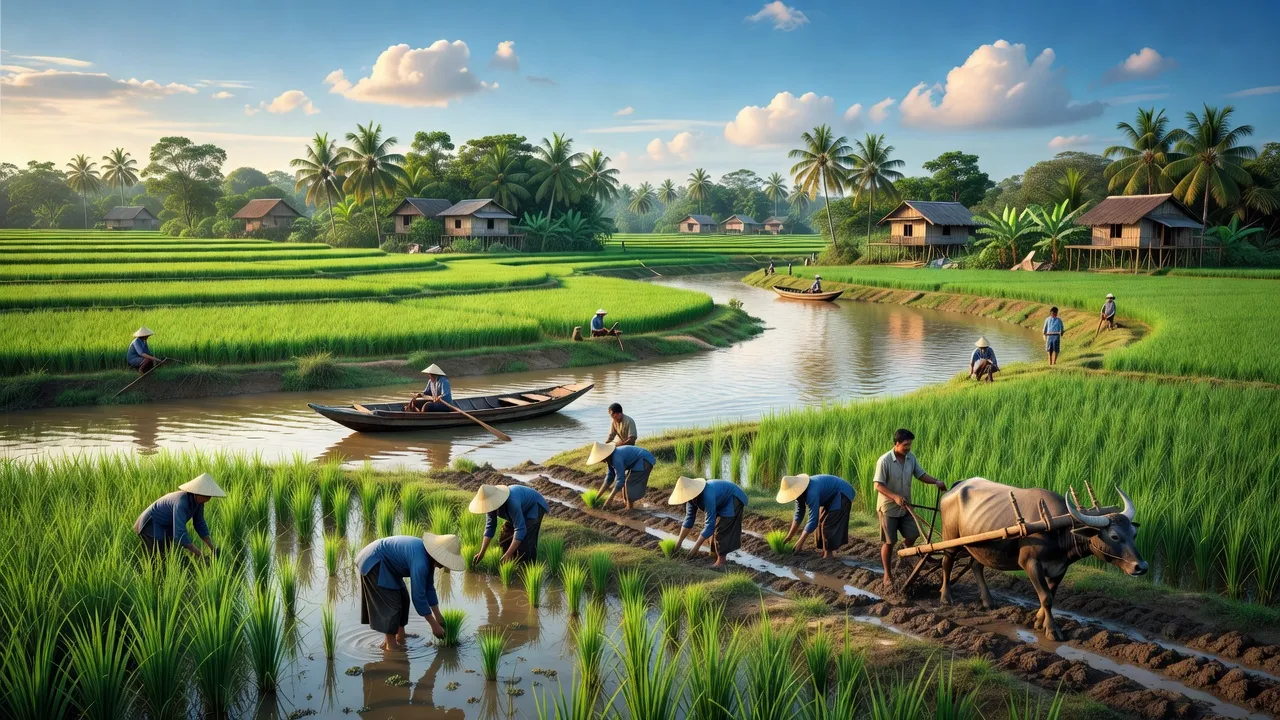 Khung cảnh nông thôn xã Mỹ Khánh, huyện Phong Điền với ruộng lúa và sông Cần Thơ.
