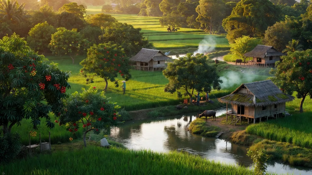 Cảnh quan xanh tươi của xã Nhơn Ái, huyện Phong Điền, Cần Thơ với vườn cây ăn trái, sông nước.