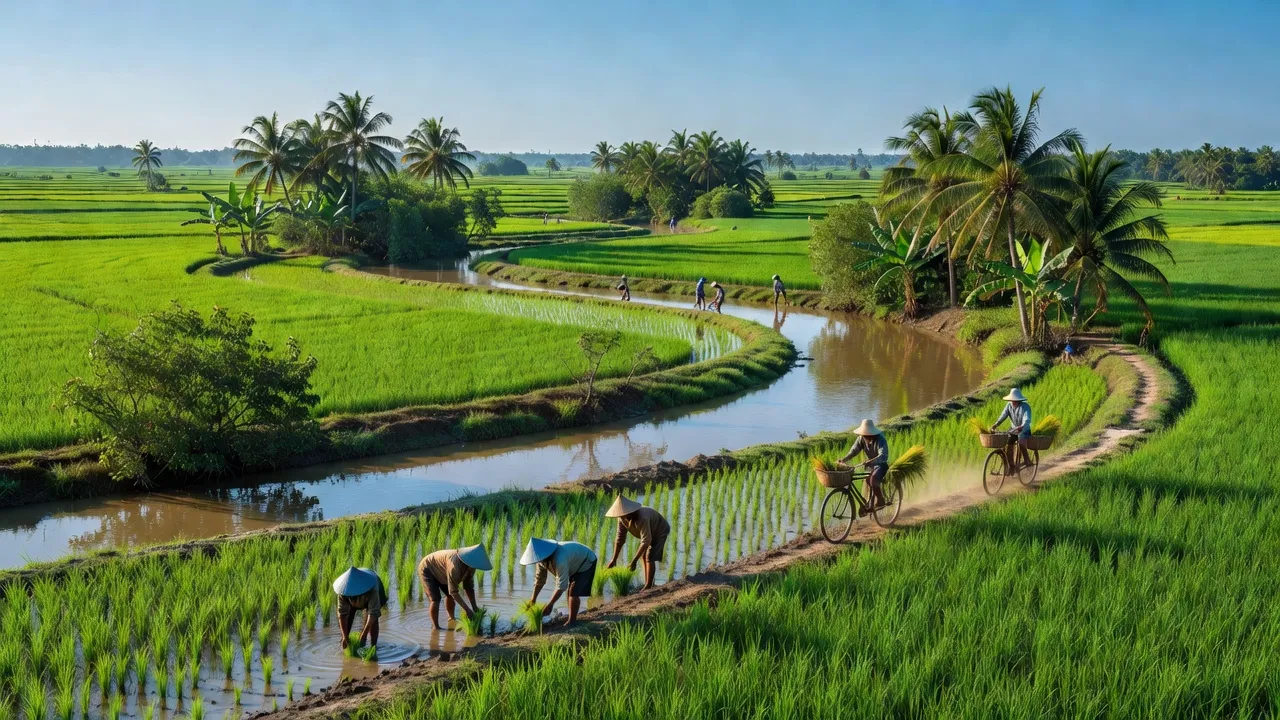Cảnh đẹp xã Nhơn Nghĩa, huyện Phong Điền, Cần Thơ với đồng ruộng và sông ngòi xanh tươi.