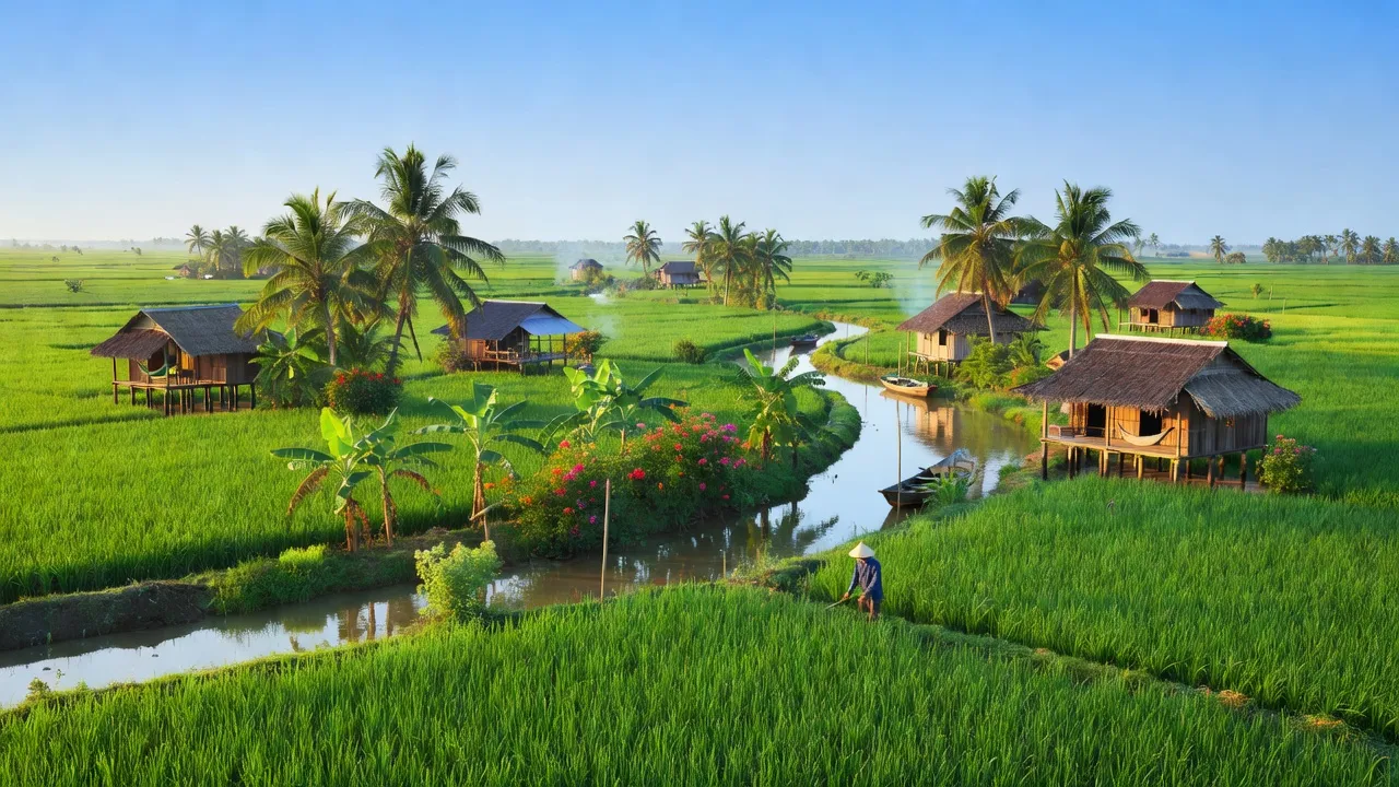 Nông thôn Xã Nhơn Nghĩa, huyện Phong Điền, thành phố Cần Thơ, với ruộng xanh và sông ngòi.