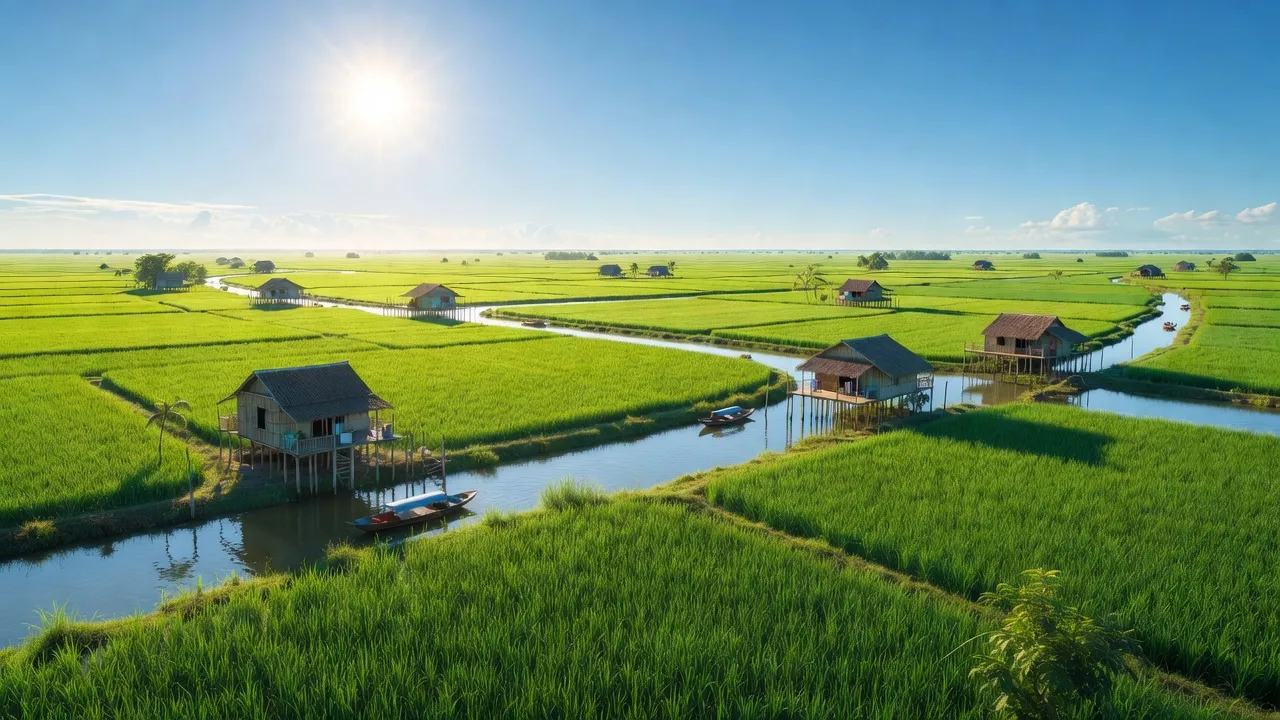 Cảnh đẹp xã Tân Thới, huyện Phong Điền, Cần Thơ với cánh đồng xanh và kênh rạch, thể hiện cuộc sống nông thôn.